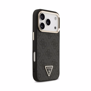 Dėklas Guess PU Leather 4G Strass Triangle Logo Gold Frame MagSafe Apple iPhone 18 Pro Max juodas