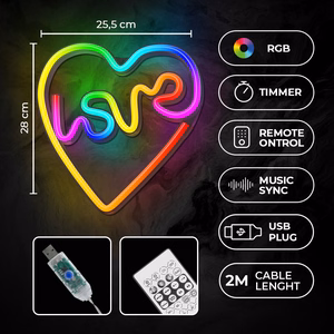 Forever Light neoninis LED RGB LOVE IN HEART FLRN02 + nuotolinio valdymo pultas