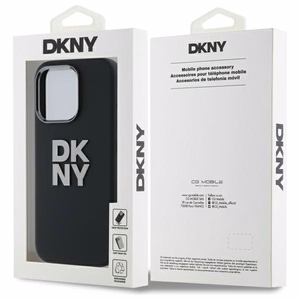 DKNY skystos silikoninės medžiagos dėklas telefonui su metaliniu logotipu iPhone 16 Pro - juodas