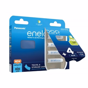 Įkraunamos baterijos PANASONIC ENELOOP AAA 800 mAh 4 vnt. + dėklas (BK-4MCDE/4CP+CASE)