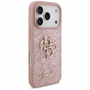 Guess PU Fixed Glitter 4G Metal Logo dėklas Apple iPhone 18 Pro, rožinis