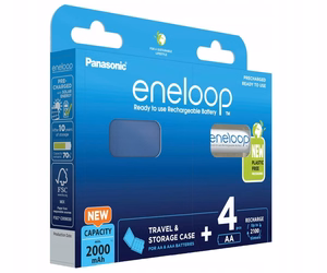 Įkraunamos baterijos PANASONIC ENELOOP AA 2000 mAh 4 vnt. + dėklas (BK-3MCDE/4CP+CASE)