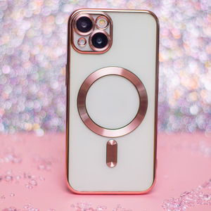 Spalvotas chromuotas Magnetinis dėklas telefonui iPhone 15 6,1" rožinis auksas