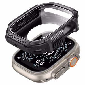 Spigen Rugged Armor dėklas ir 9H grūdintas stiklas Apple Watch Ultra 49 mm, matinis juodas