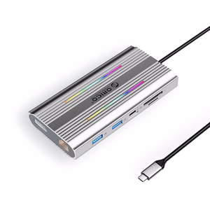 Orico XDR 12 viename RGB USB-C prijungimo stotelė USB-A USB-C 2x HDMI 4K 60Hz DisplayPort 4K 60Hz RJ45 Gigabit PD 100W SD ir microSD kortelių skaitytuvas - sidabrinė