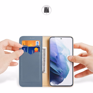 Dux Ducis Hivo odinis atverčiamas dėklas natūralios odos piniginė kortelėms ir dokumentams Samsung Galaxy S22 + (S22 Plus) mėlynas
