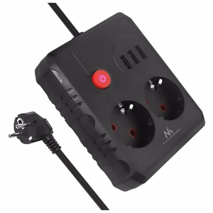 Maclean elektros paskirstytuvas, prailginimo laidas su 2 lizdais + 3xUSB, 110–240 V kintama srovė, 50/60 Hz, 2,1 A, maks. 2500 W, 1,5 m, juodas, MCE387 B