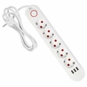 Maclean MCE395 W – сетевой фильтр-удлинитель, 5 розеток + 3×USB, 110–240 V AC, 50/60 Hz, 2,1 A, до 2500 W, 1,5 m, белый