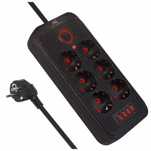 Maclean elektros paskirstytuvas, 6 lizdai + 4xUSB prailginimo laidas, 110–240 V kintama srovė, 50/60 Hz, 2,1 A, maks. 2500 W, 1,5 m, juodas, MCE389 B