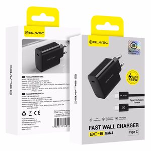 Blavec sieninis įkroviklis BC-8 GaN4 - Type C - PD QC 65W 3A su Type C to Type C laidu (TCBC8G4-CB653A+CC), juodas