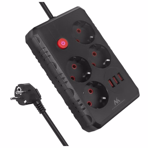 Maclean elektros paskirstytuvas, 4 lizdai + 3xUSB prailginimo laidas, 110–240 V kintama srovė, 50/60 Hz, 2,1 A, maks. 2500 W, 1,5 m, juodas, MCE392 B