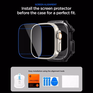 Spigen Rugged Armor dėklas ir 9H grūdintas stiklas Apple Watch Ultra 49 mm, matinis juodas