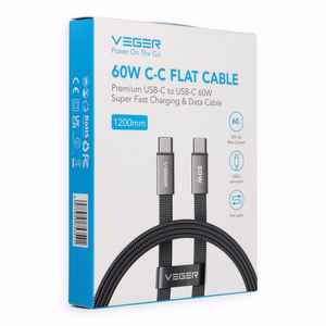 Плоский кабель Type C – Type C VEGER PD 3A 60 Вт CC06-MTB, 1,2 м, черный
