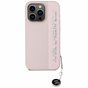 Karl Lagerfeld Saffiano Rhinestones & Charm dėklas telefonui iPhone 15 Pro - rožinis