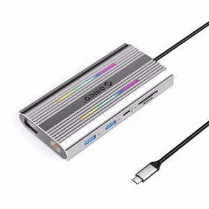 Orico XCR 12 viename RGB USB-C prijungimo stotelė 3x USB-A USB-C PD 100W HDMI 4K VGA RJ45 Gigabit SD ir microSD kortelių skaitytuvas - sidabrinė