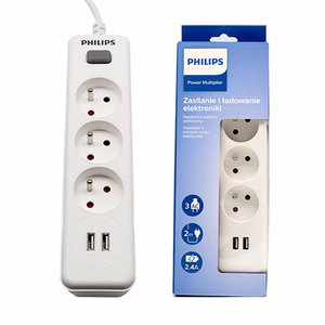 Maitinimo juosta PHILIPS įtempimo laidas 3 lizdai + 2 USB 2m 10A balta