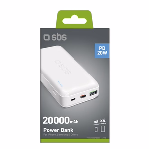 Išorinė baterija SBS TTBB20000PD20W 20000 mAh 20W Power Delivery su MicroUSB, USB-C, USB-A - balta