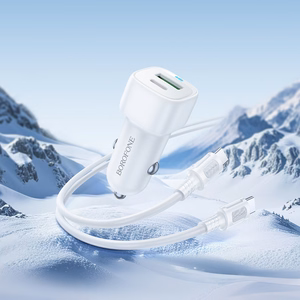 Borofone BZ34B Cloud USB + Type-C QC3.0 PD 38W automobilinis įkroviklis su Type-C į Type-C laidu, baltas