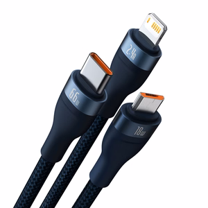 Baseus kabelis Flash Series II 3 in 1 - USB į Type C, Lightning, Micro USB - 66W 6A 1,2 metro (CASS040003) mėlynas