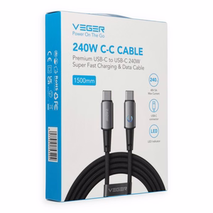 Кабель со светодиодным индикатором, разъемы Type C – Type C, VEGER PD 5A 240 Вт, CC2-ZSD, 1,5 м, черный