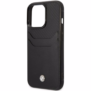 Dėklas telefonui BMW BMHCP14L22RSEPK iPhone 14 Pro 6.1 - juodas odinis kortelių kišelis