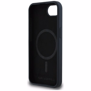 Karl Lagerfeld skystas silikoninis Karl & Choupette galvų dėklas su MagSafe iPhone 16e - juodas