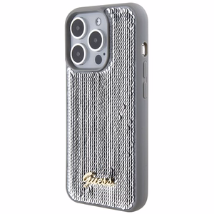Guess Blizgučių Metalinis Užrašas dėklas telefonui iPhone 15 Pro - sidabrinis