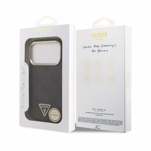 Dėklas Guess PU Leather 4G Strass Triangle Logo Gold Frame MagSafe Apple iPhone 18 Pro Max juodas