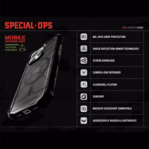 Element Special Ops X5 dėklas, skirtas iPhone 14, su Mil-Spec apsauga nuo smūgių, „Clear / Black“ spalvų derinys