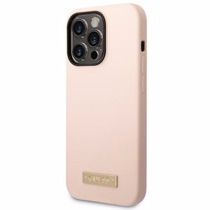 Guess GUHMP14XSBPLP iPhone 14 Pro Max 6.7" rožinis/rožinis kietas dėklas Silikoninė logotipo plokštelė Magnetinis