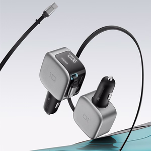 Cuktech CC903P automobilinis įkroviklis 100 W, su ekranu ir 70 cm įtraukiamu USB-C laidu – pilkas