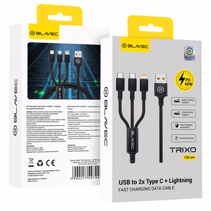 Blavec Trixo плетеный кабель - USB на 2xType C + Lightning - QC 18W PD60W 3A 1,3 м (CTR-U2CL3B13) черный