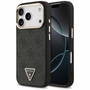 Чехол Guess PU Leather 4G Strass Triangle Logo Gold Frame MagSafe для Apple iPhone 18 Pro, чёрный