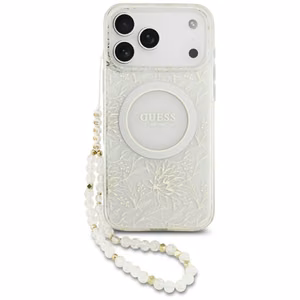 Guess IML Flowers Allover Electroplated with Pearl Strap MagSafe Case for iPhone 18 Pro Max / 17 Pro Max - White