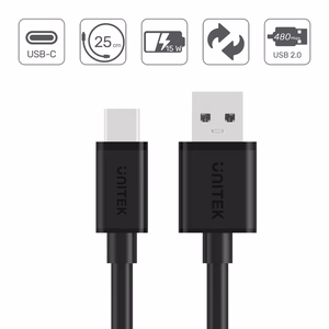 UNITEK USB-A — USB-C laidas 25CM, Y-C480BK