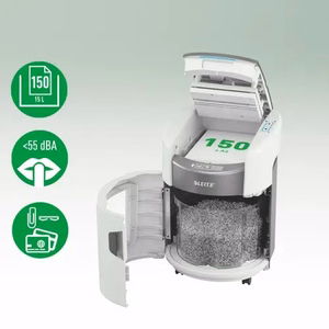 Leitz IQ Optimax AutoFeed 150 80380000 popieriaus smulkintuvas, P4, 150 lapų, 15 l talpos šiukšliadėžė