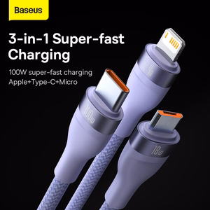 Baseus kabelis Flash Series II 3 in 1 - USB į Type C, Lightning, Micro USB - 100W 6A 1,2 metrai (CASS030005) violetinis
