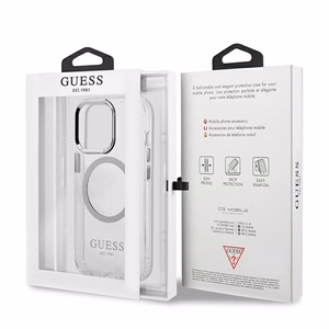 Guess Metal Outline Magnetinis MagSafe dėklas telefonui iPhone 13 Pro / iPhone 13 - sidabrinis