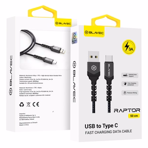 Blavec Cable Raptor braided - USB to Type C - 3A 0,5 meters Apple CarPlay/Android Auto (CRA-UC3BG05) black-grey