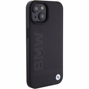 BMW Leather Hot Stamp dėklas, skirtas iPhone 15 Plus, su MagSafe, juodas