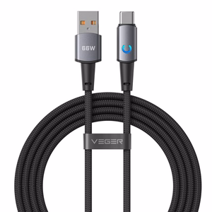 Кабель со светодиодным индикатором, разъемы USB-A и Type-C, VEGER PD 3A 66W AC1-ZSD, 1,2 м, черный