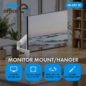 Ergo Office ER-691 W – dujinės spyruoklės monitoriaus laikiklis 17–32 col. ekranams, 1–10 kg, VESA iki 100×100, matinis baltas