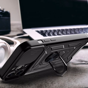 Hybrid Armor Camshield dėklas telefonui Realme 10 Pro+ šarvuotas dėklas su kameros dangteliu juodas