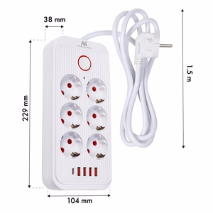 Maclean elektros paskirstytuvas, 6 lizdai + 4xUSB prailginimo laidas, 110–240 V kintama srovė, 50/60 Hz, 2,1 A, maks. 2500 W, 1,5 m, baltas, MCE389 W