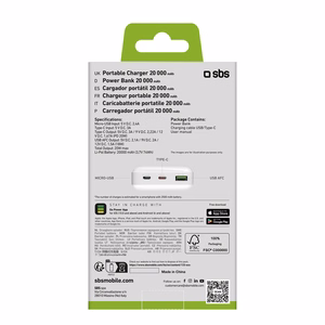 Išorinė baterija SBS TTBB20000PD20W 20000 mAh 20W Power Delivery su MicroUSB, USB-C, USB-A - balta