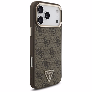 Чехол Guess PU Leather 4G Strass Triangle Logo Gold Frame MagSafe для Apple iPhone 18 Pro Max, коричневый