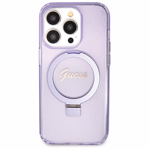 Guess Magnetinis dėklas telefonui su žiediniu stovu Script Glitter MagSafe iPhone 13 Pro Max - violetinė