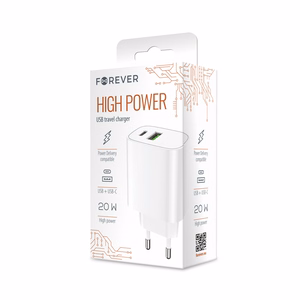 Forever įkroviklis 1xUSB QC 3.0 + 1xUSB-C PD 20W LS-04 baltas