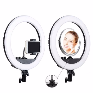 LED žiedinė lempa 34.5cm, su trikoju stovu iki 1.85m, veidrodžiu ir telefono laikikliu, USB