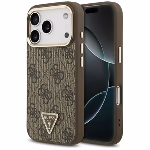 Чехол Guess PU Leather 4G Strass Triangle Logo Gold Frame MagSafe для Apple iPhone 18 Pro, коричневый